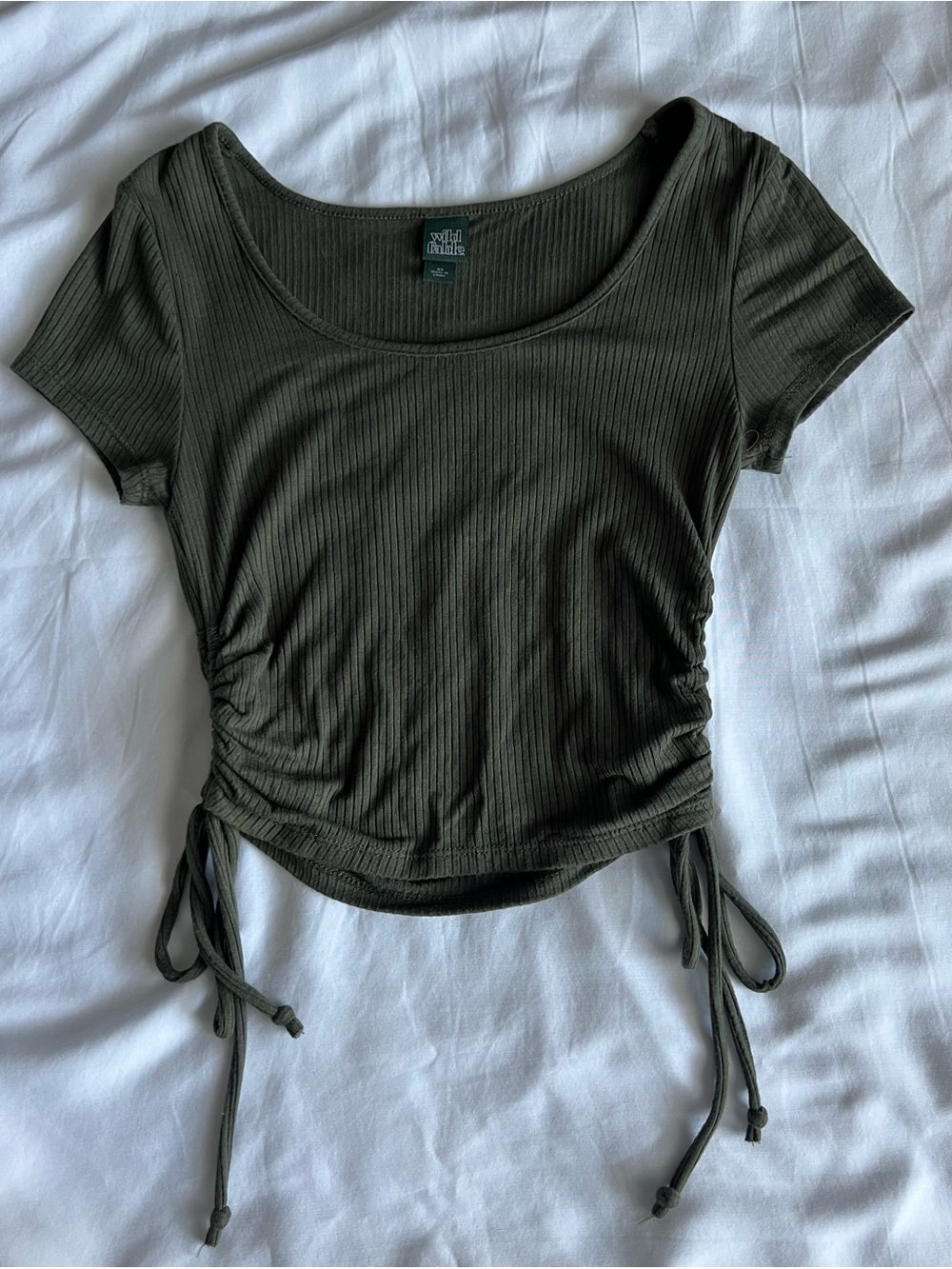 Wild Fable Olive Green Ribbed Scoop Neck Drawstring Crop Top
